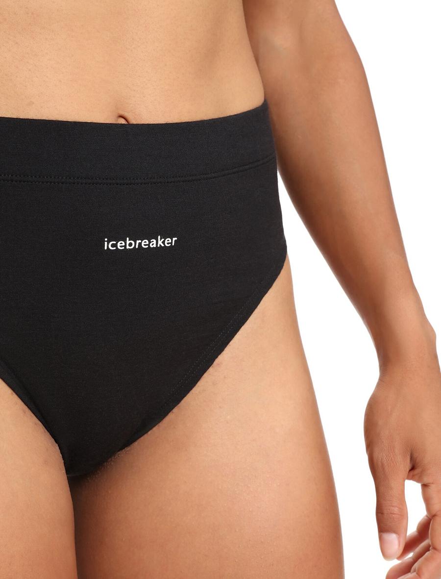 Black Icebreaker Merino Queens High Cut Brief Women's Underwear | AU 1695AHKP